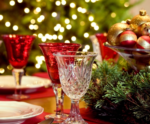 Holiday table set with beautiful decorative holiday touches